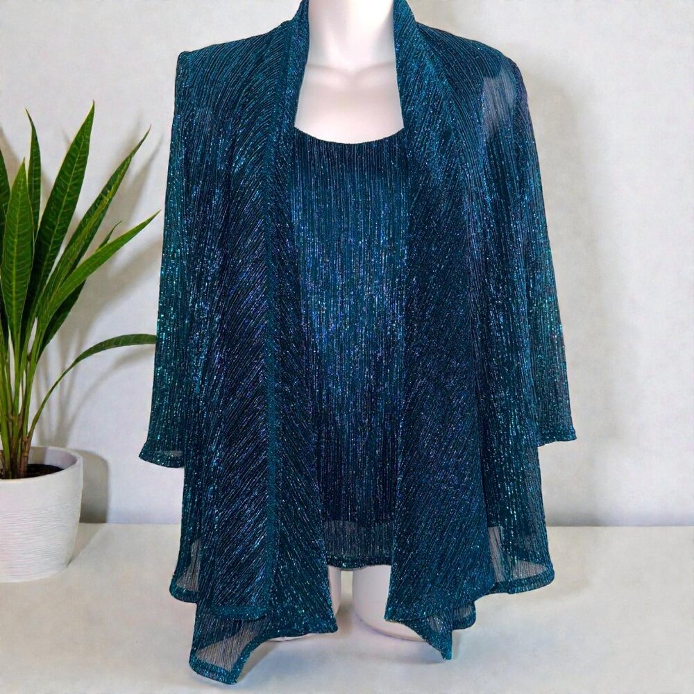 R&M Collection Teal Shimmer Sheer Overlay Top | S - Picture 4 of 13